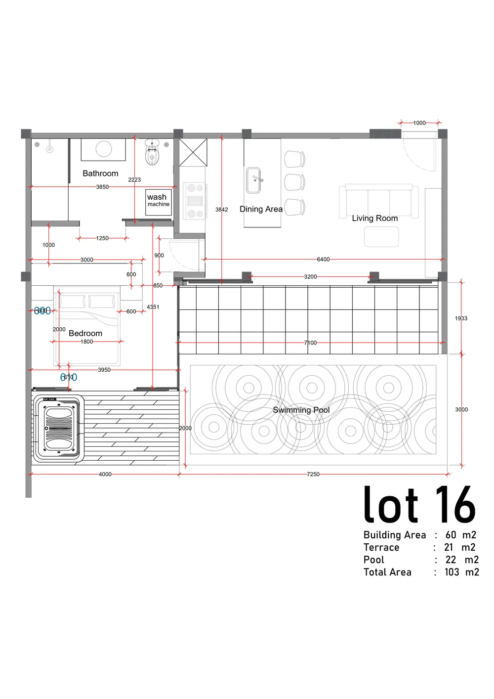 Floor plan villa 1BR 103 m² — Puri Sidem Ubud